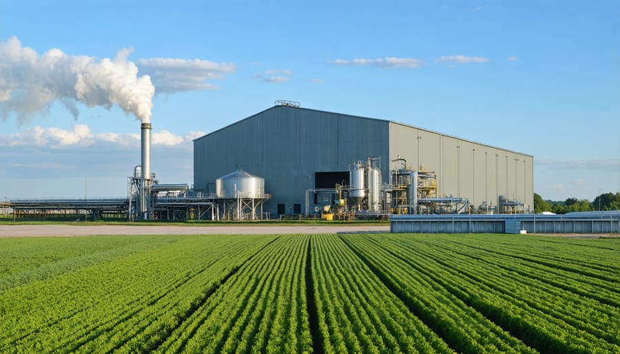 Industrial facility processing agricultural waste into bioenergy with storage silos and processing equipment