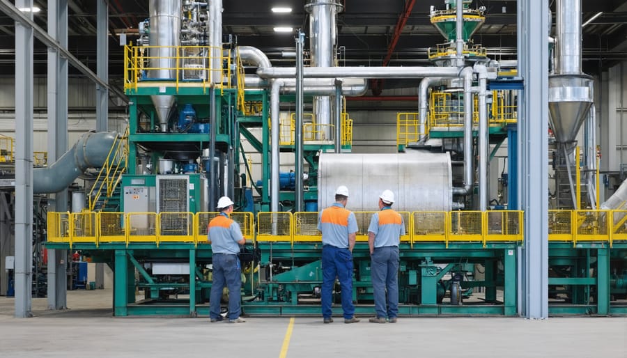 Technicians monitoring and operating industrial biomass processing machinery