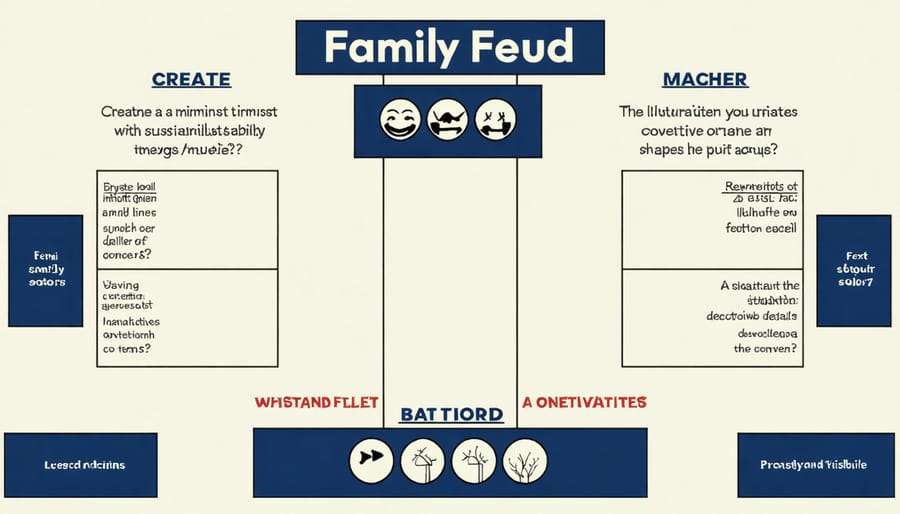 Interactive classroom Family Feud game board with environmental questions displayed