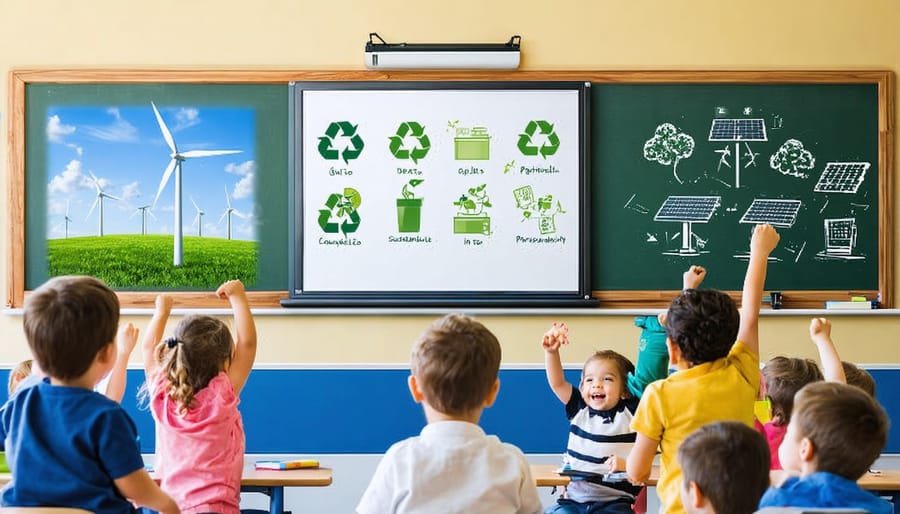 Conceptual image of a classroom transformed into a dynamic Family Feud game, featuring excited students and a digital board with sustainability-themed questions.