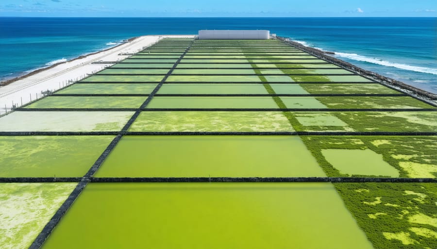 Large-scale commercial algae cultivation facility with bioreactor systems near coastline