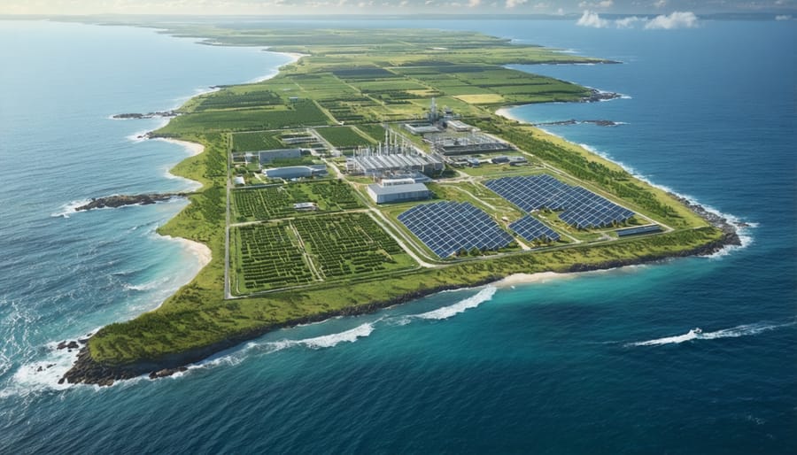 Industrial bioenergy plant located on coastline with visible effects on surrounding marine environment