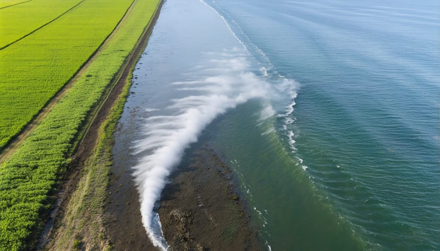 Drone photograph of sediment-laden agricultural runoff flowing into blue coastal waters