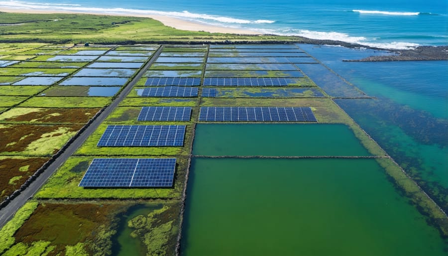 Sustainable seaweed farming operation integrated with renewable energy infrastructure on Australian coast