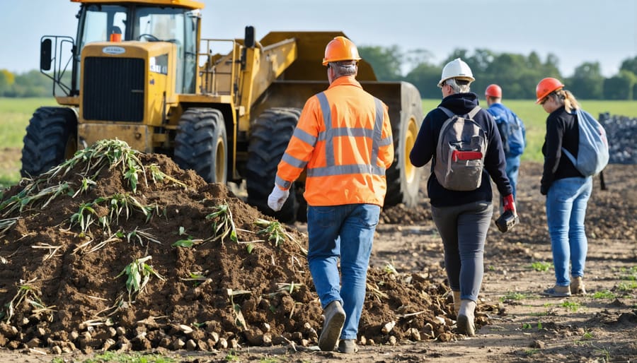 Group of local residents examining agricultural waste processing at community biomass plant