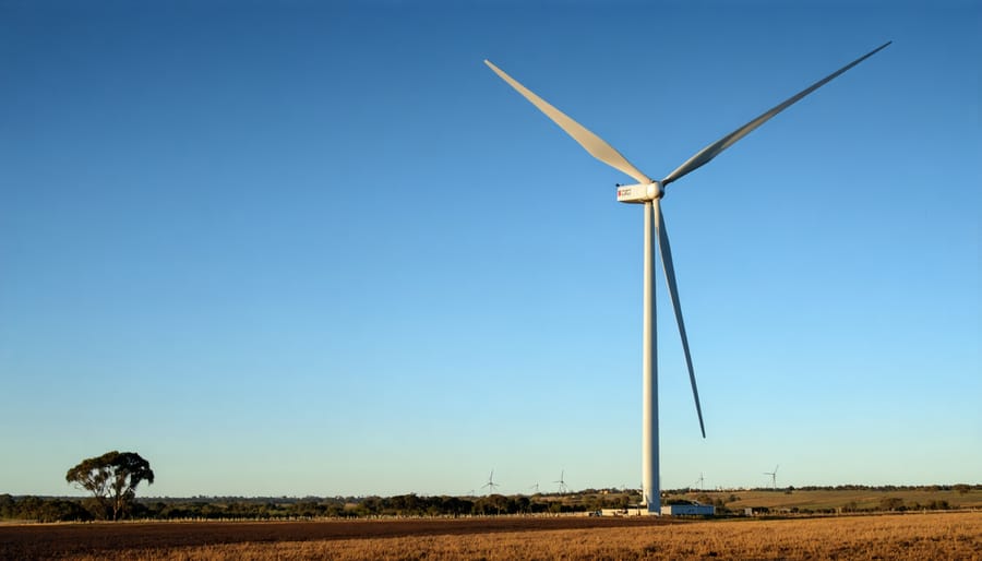 Original wind turbine being erected in Denham, WA, showing construction crews and equipment from the early installation period