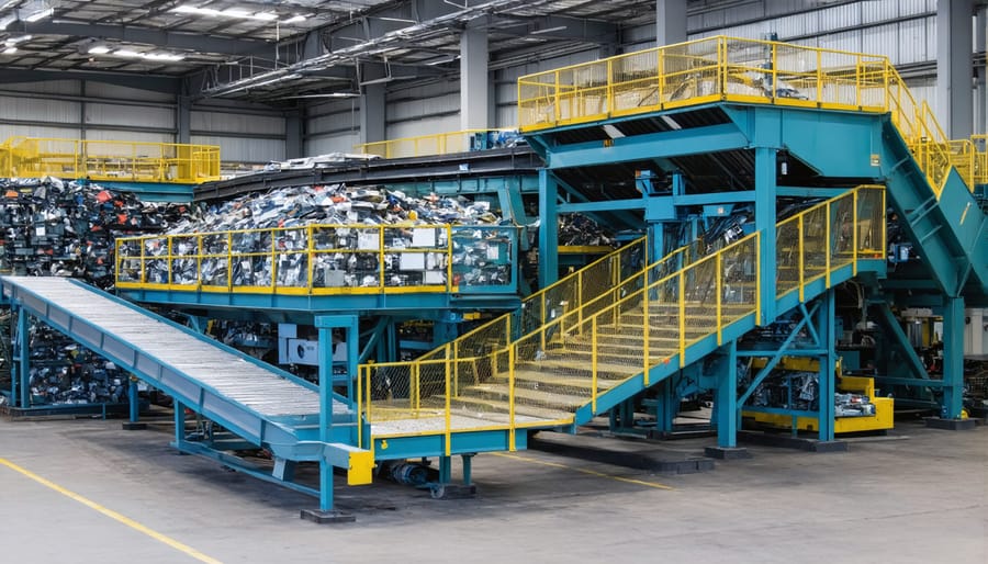 Industrial e-waste recycling facility with advanced sorting machinery and conveyor systems