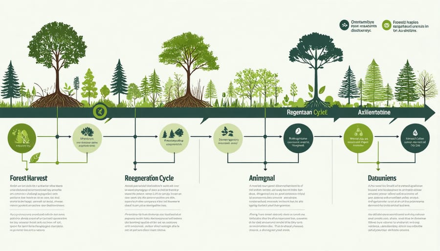 Visual diagram depicting stages of sustainable forest harvesting and regeneration process