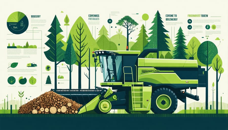 Forest harvester machine collecting wood residues with energy conversion process diagram overlay