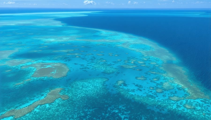 Aerial photograph showing contrasting healthy and bleached coral sections of the Great Barrier Reef