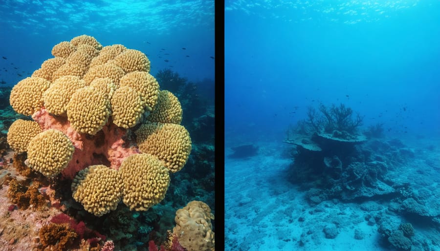 Half-underwater photo showing thriving coral reef ecosystem beneath clear waters near Australian coast