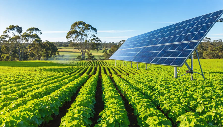 "A modern Australian farm using hydrogen-enriched water systems for irrigation, highlighting abundant crop growth and solar-powered sustainability innovations."