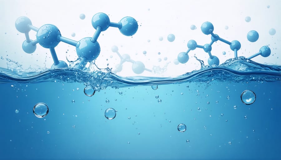 3D scientific visualization of hydrogen molecules suspended in water molecules