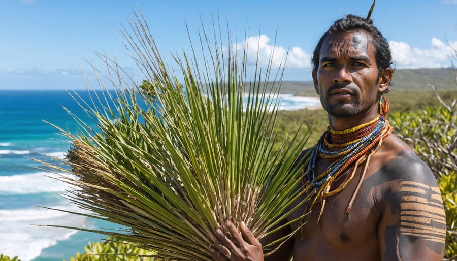 Aboriginal elder showing sustainable harvesting methods for coastal vegetation