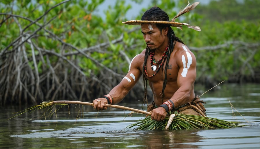 Aboriginal ranger showing sustainable mangrove management practices using traditional methods