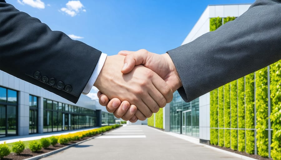 Business leaders from different countries exchanging handshakes at a bioenergy treatment plant