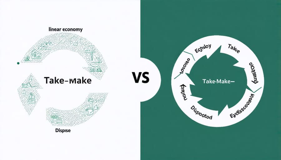 Diagram showing the transition from linear to circular economy models with recycling and reuse arrows