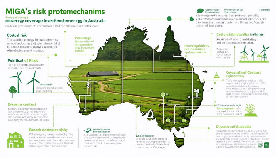 Conceptual infographic depicting MIGA's risk protection mechanisms for bioenergy investments, highlighting coverage against political risk, currency inconvertibility, expropriation, and other non-commercial risks.