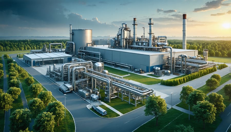 Interior of advanced biomass processing facility showing modern equipment