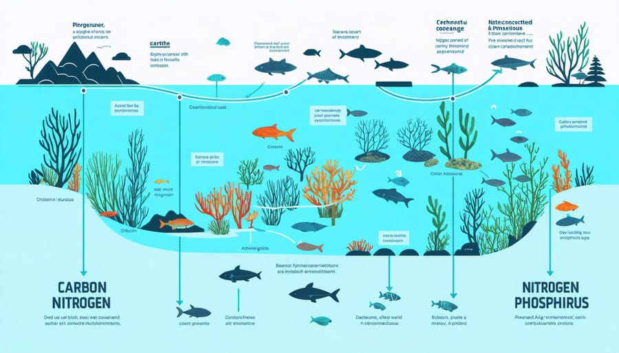 Diagram illustrating marine nutrient cycles with arrows showing chemical transformations and biological interactions