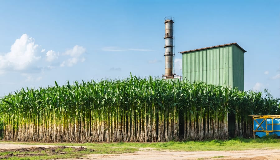 Queensland sugar mill facility with bagasse processing plant and steam rising from cooling towers