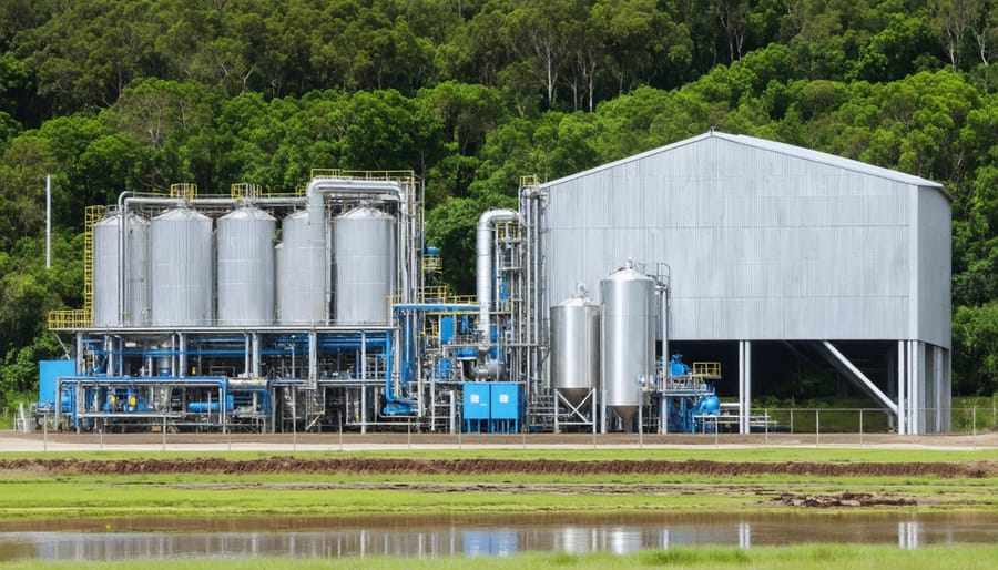 Sugar mill with steam rising from cooling towers and bagasse storage facility