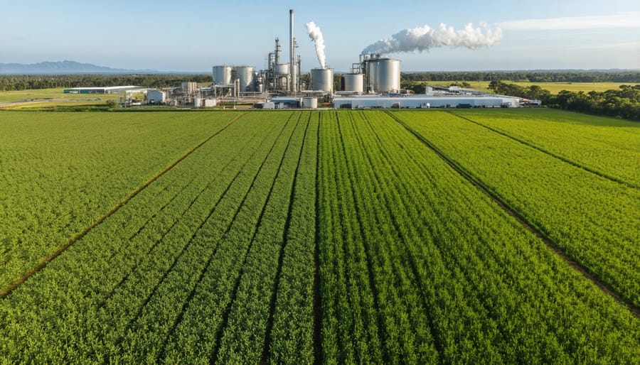 Drone view of vast sugarcane fields adjacent to a biofuel production plant in Queensland