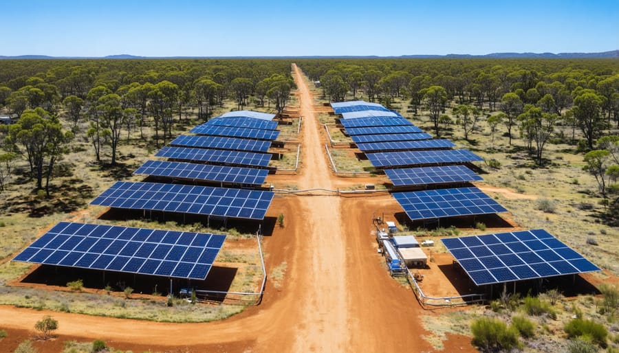 Bird's eye view of solar panels and storage facilities powering an isolated community