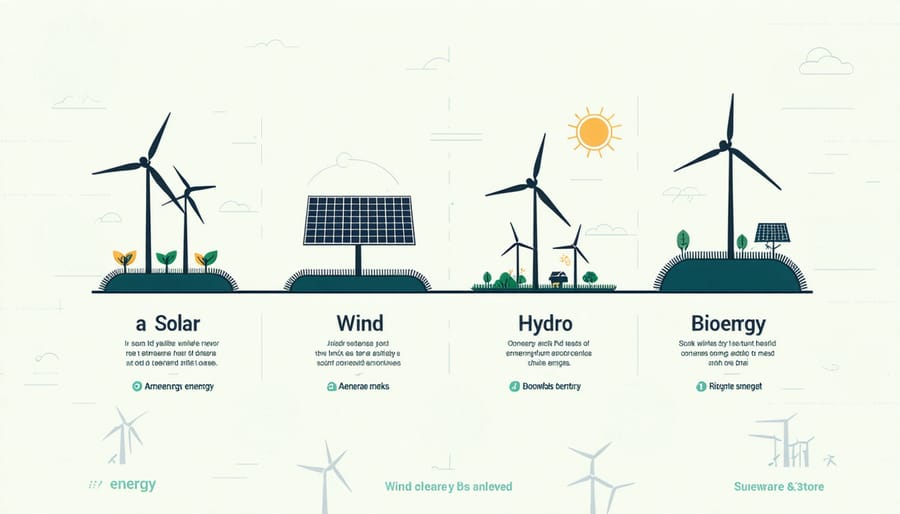 Colorful infographic displaying different types of renewable energy sources and their symbols