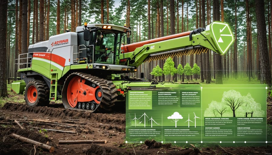 Modern forestry harvester in an Australian forest collecting wood residues, with an overlay showing the bioenergy conversion process.