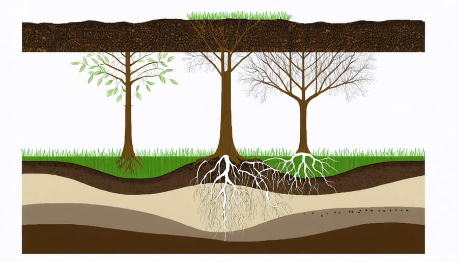 Illustrated cross-section of agricultural soil showing carbon storage mechanisms and plant root interactions