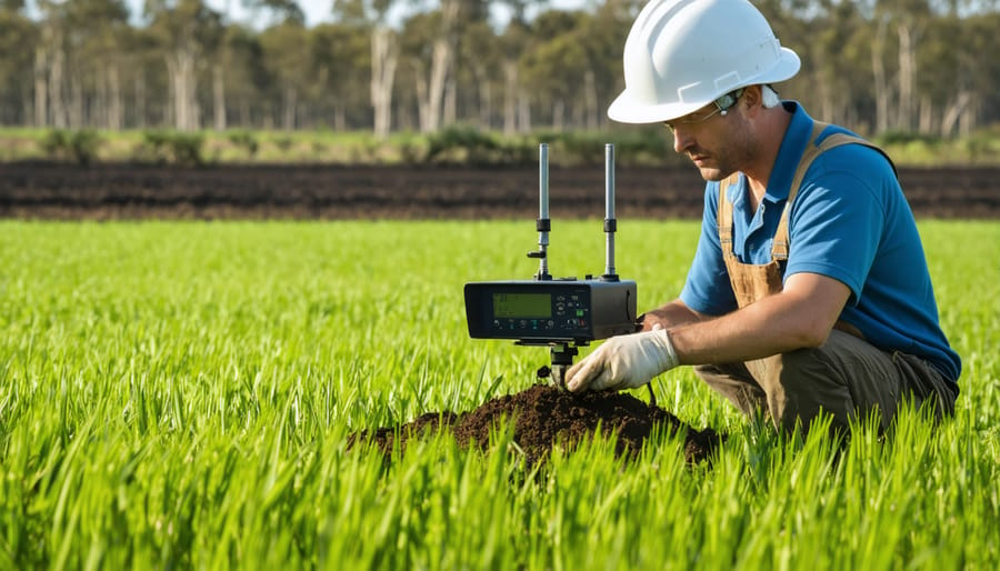 Farmer testing soil health parameters in a mature bioenergy crop plantation