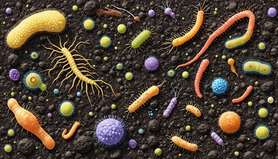 Magnified image showing diverse soil microorganisms and their interactions in healthy soil