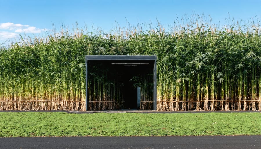 Industrial facility processing sugarcane bagasse into bioenergy with steam rising from processing towers