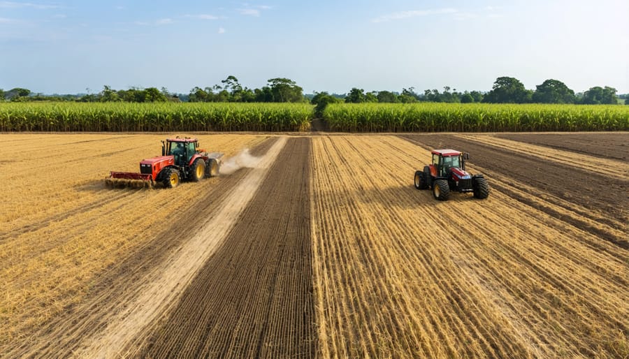 Aerial photograph showing agricultural biomass collection after sugarcane harvest in Queensland