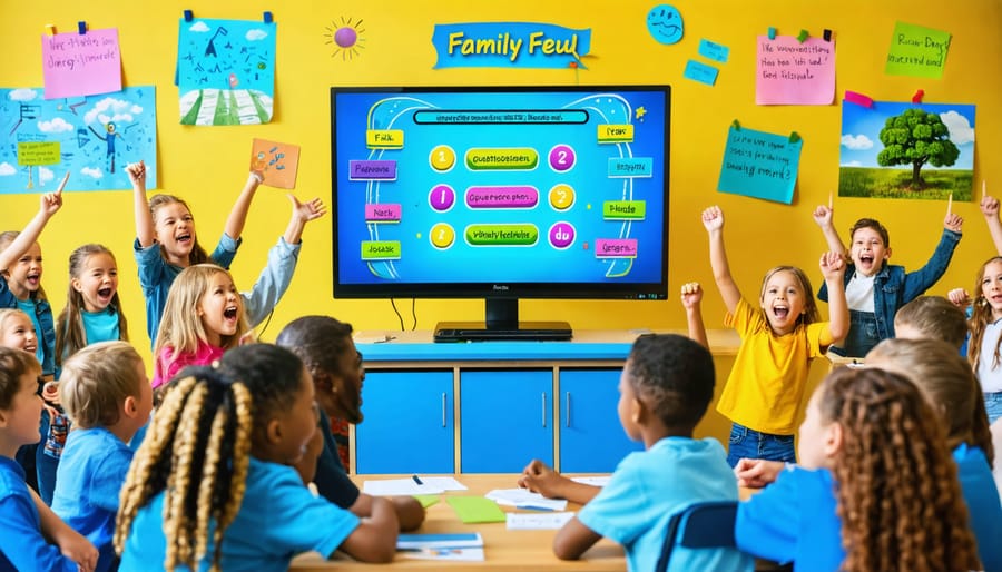 A lively classroom scene with students energetically participating in a sustainability-themed Family Feud game, overseen by a teacher. The digital display shows environmental questions, and the room is filled with eco-themed posters.