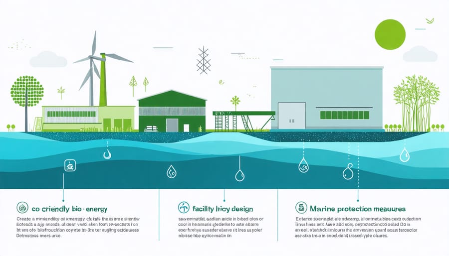 Detailed diagram of sustainable bioenergy facility featuring marine conservation technologies