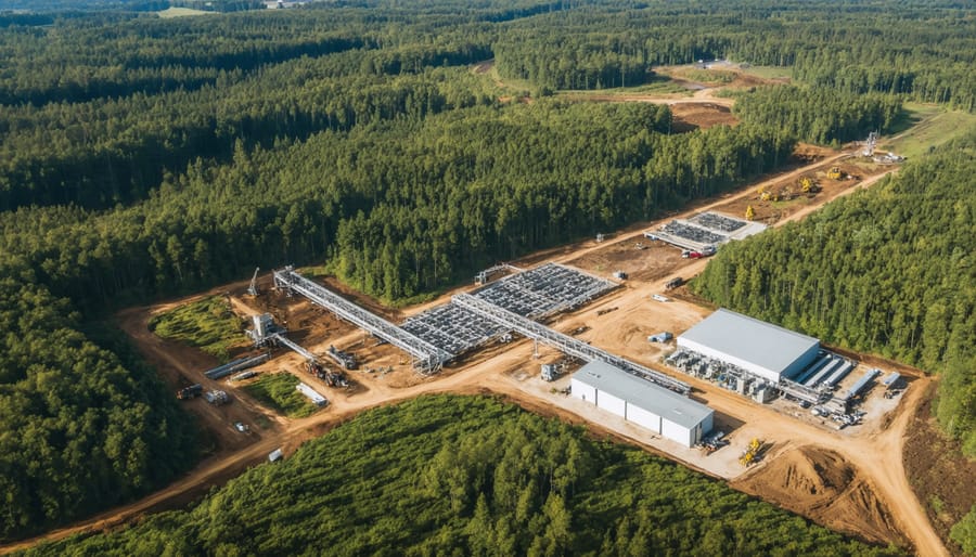 Bird's eye view of sustainable forest management area with biomass processing plant