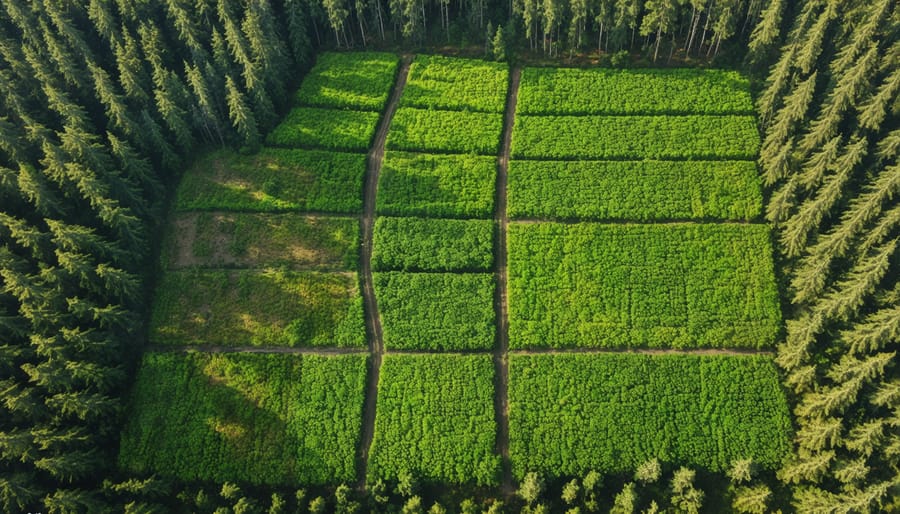 Aerial photograph of sustainable forest management showing different stages of forest growth and harvest zones