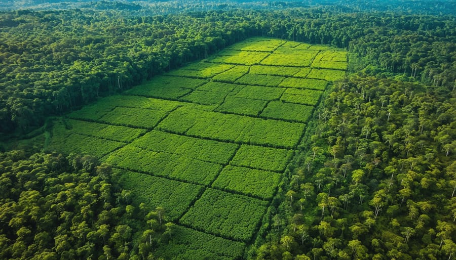 Aerial photograph showing managed timber plantation zones adjacent to protected native forest areas