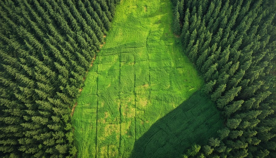 Bird's eye view of sustainable forestry management showing mosaic pattern of forest harvest and regrowth