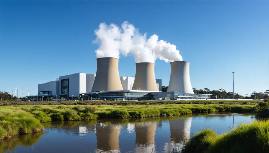 A modern waste-to-energy facility in Sydney with sleek architecture and cooling towers emitting white steam, set against a clear blue sky and surrounded by green landscape, highlighting the transformation of waste into clean energy.