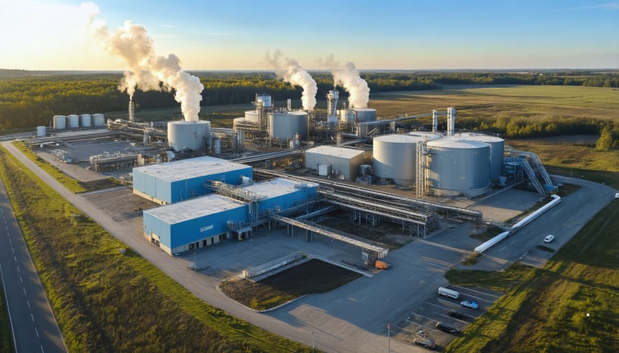 Modern waste-to-energy facility in Sydney with white steam plumes rising from cooling towers