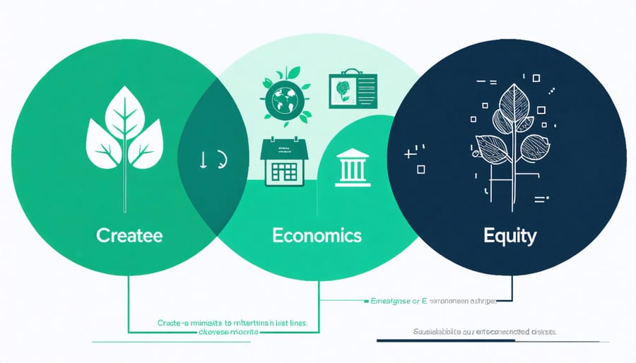 Visual diagram of the three E's of sustainability showing their interconnections through overlapping circles