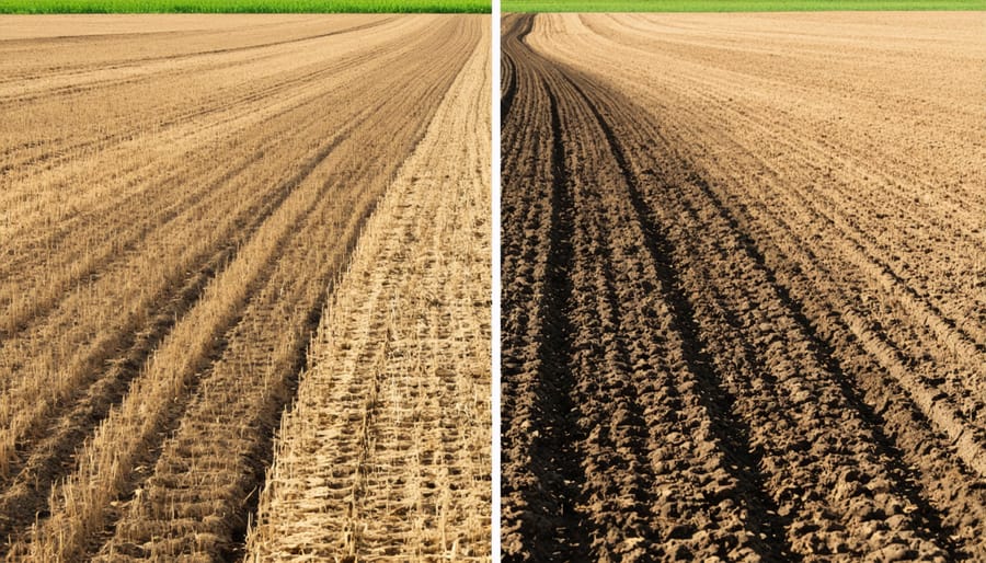 Comparison showing soil structure and plant growth in tilled versus no-till farming methods