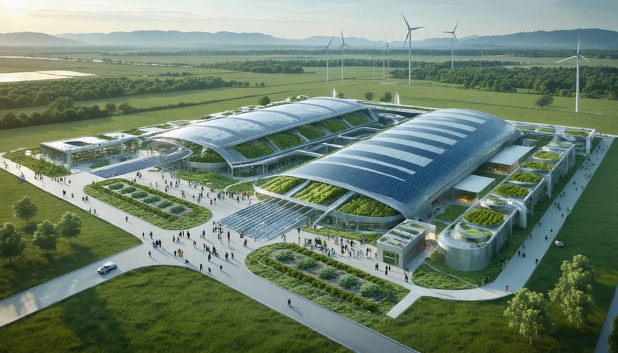 An advanced bioenergy treatment facility with international representatives collaborating, surrounded by innovative technology and renewable energy elements.