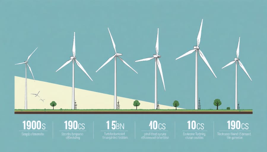 Visual comparison of wind turbine technologies showing size, power output, and efficiency improvements over three decades