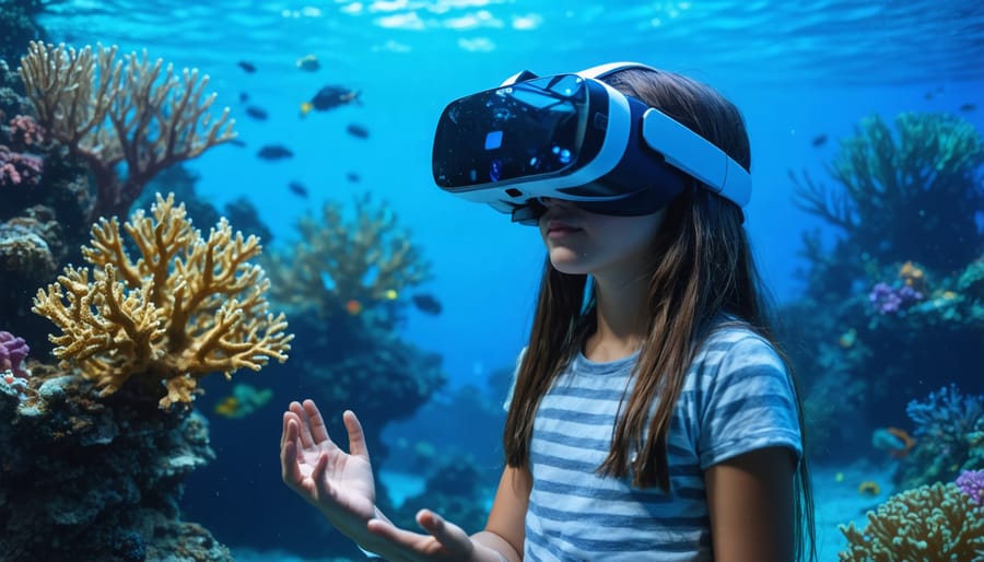 Student wearing VR headset reaching out to touch virtual coral reef affected by climate change