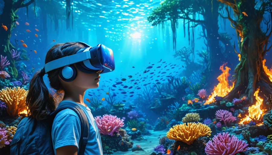 A student wearing a VR headset explores a virtual environment split between a vibrant coral reef and a burning forest, illustrating the immersive learning power of virtual reality in climate education.