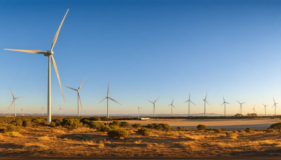 Panoramic illustration depicting the evolution of wind energy in Western Australia, featuring ancient Persian windmills, Denham's first turbine, and modern wind farms along the stunning coastline.